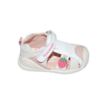 Παπουτσοπέδιλο πρώτα βήματα δερμάτινο και ύφασμα λευκό ροζ